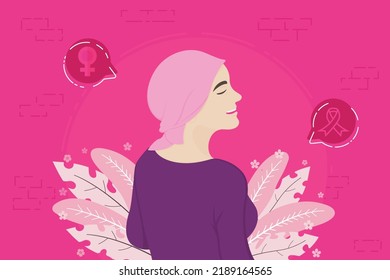 female breast cancer survivor smiling with pink headscarf to commemorate cancer awareness day