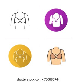 Female breast icon. Flat design, linear and color styles. Bust. Isolated vector illustrations