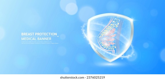 Weibliche Brust in einem Glasschild leuchtet mit Symbol für medizinische Symbole auf blauem Bokeh-Hintergrund. Immunitätsschutz im Gesundheitswesen Menschliches Anatomie-Organ transluzent. Vektorgrafik.