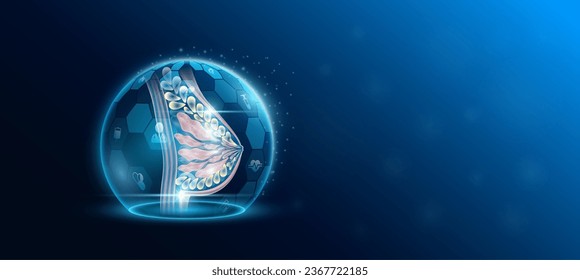 El pecho femenino dentro de la protección transparente de la cúpula es futurista con icono médico. La innovación tecnológica y la atención de la salud. Espacio vacío para texto. Banner del sitio web de anuncios de ciencia médica. Vector.