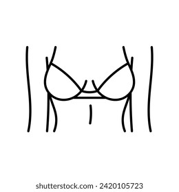 Icono de la línea materna femenina. Delicada ilustración de un pecho femenino en un sostén. El cuerpo superior de la mujer. Ilustración lineal, línea delgada, trazo editable.