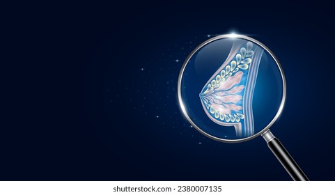 Female breast in magnifying glass with scan search and blue glowing neon heart pulse. Health care and medical check up too innovative digital technology. Body health checkup examining organ. Vector