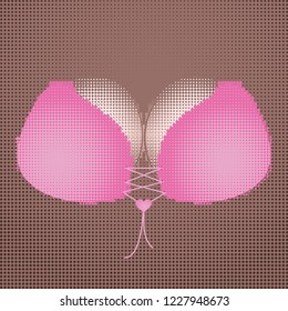 Female breast in pink bra retro halftone effect.