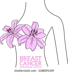 Female breasts covered with flowers. Breast cancer awareness concept. October awareness month campaign.