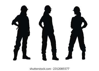 Female bricklayer silhouette collection. Mason women with anonymous faces. Female bricklayer silhouette set vector on a white background. Girl construction worker wearing uniforms silhouette bundle.