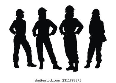 Female bricklayer silhouette set vector on a white background. Girl construction worker wearing uniforms silhouette bundle. Mason women with anonymous faces. Female bricklayer silhouette collection.