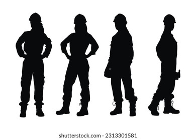 Female bricklayer wearing uniforms silhouette bundle. Girl construction worker silhouette collection. Mason women with anonymous faces. Female bricklayer silhouette set vector on a white background.