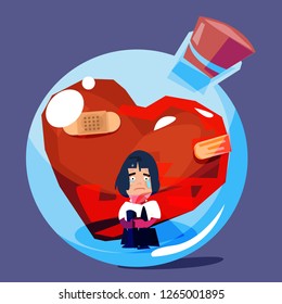 female with broken and old heart in glass bottle. sad emotional concept - vector illustration