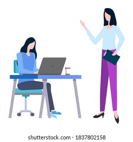 Female brokers discussing trades and sales isolated. Vector woman walking with laptop, training at work and controlling by supervisor, people collaboration