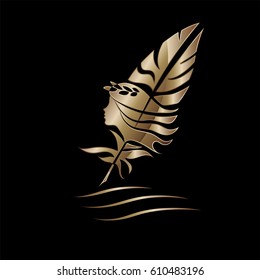 Female bronze silhouette with a laurel wreath on a goose feather with a piece of paper.