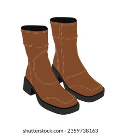 Female brown boots concept. Fashion, trend and style. Part of outwear for cold weather. Autumn and fall season, rain protection. Cartoon flat vector illustration isolated on white background