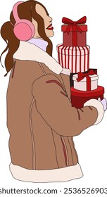 Female in brown winter coat, pink earmuffs carrying a stack of red gift boxes wrapped with bows and patterns, including stripes and polka dots vector illustrion. Design for winter holidays