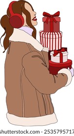 Female in brown winter coat, red earmuffs carrying a stack of red gift boxes wrapped with bows and patterns, including stripes and polka dots vector illustrion. Design for winter holidays