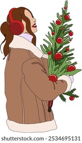 Female in a brown winter coat with white fur trim, wearing red earmuffs and holding a small, decorated Christmas tree adorned with red ornaments vector illustration. Design for winter holidays