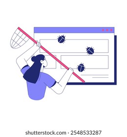 Captador De Bugs Feminino Corrigindo Bugs Do Site Com Uma Rede Na Ilustração De Vetor Plano Simbolizando Depuração, Resolução De Erros E Manutenção De Software, Isolado Em Fundo Branco.