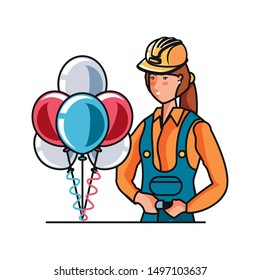 female builder with balloons helium labor day celebration