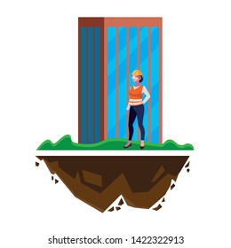 female builder construction with building