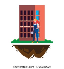 female builder construction with building