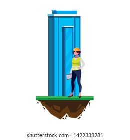 female builder construction with building
