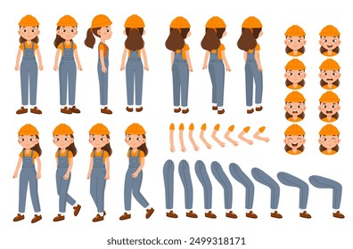 Female builder constructor. Happy woman in hardhat. Pack of legs, hands and faces for creating animation. Construction and architecture. Flat vector collection isolated on white background