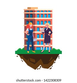 female builder and engineer with building