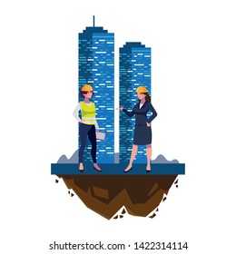 female builder and engineer with building