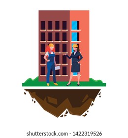 female builder and engineer with building
