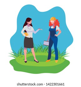 female builder and engineer woman on the lawn