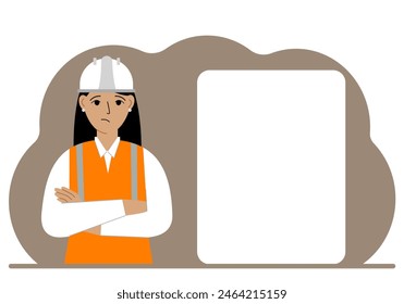 A female builder in a hardhat and an orange vest stands near a large white sheet.