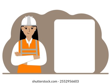 Uma construtora feminina de chapéu e colete laranja fica perto de um grande lençol branco. Ilustração plana vetorial.