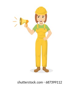 Female builder with megaphone on white background. Woman in yellow outfit.