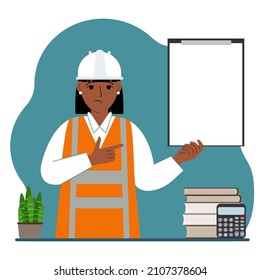 Female builder in a protective helmet and an orange vest. A woman holds a clipboard with white paper on which there is a place for text. Vector flat illustration