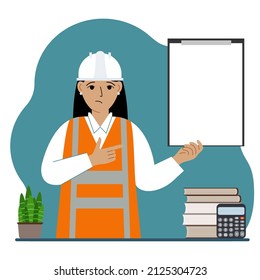 Constructora de un casco protector y un chaleco naranja. Una mujer sostiene un portapapeles con papel blanco en el que hay lugar para el texto. Ilustración plana del vector
