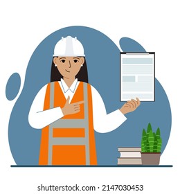Female builder in a protective helmet and an orange vest. A woman holding a clipboard with a document. The concept of engineering quality control of the construction industry and repair services. Vect