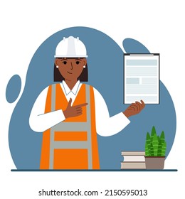 Female builder in a protective helmet and an orange vest. A woman holding a clipboard with a document. The concept of engineering quality control of the construction industry and repair services. Vect