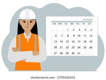 Construtora feminina de uniforme ao lado do calendário. Ilustração de sinalizador de vetor