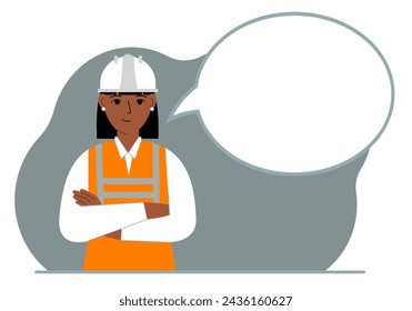 A female builder in a white helmet and vest, next to a white bubble of thoughts. Plans, thoughts, places, strategies.