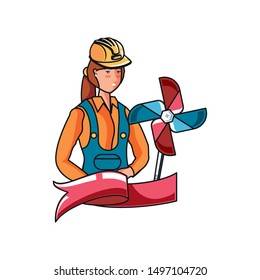 female builder with wind toy labor day celebration