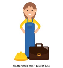 female builder worker with helmet and portfolio