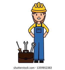 female builder worker with helmet and toolbox