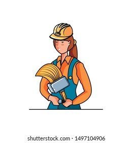 female builder worker with paint brush avatar character