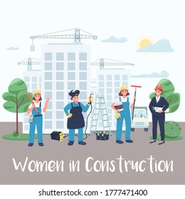 Female building site workers social media post mockup. Women in construction phrase. Web banner design template. Booster, content layout with inscription. Poster, print ads and flat illustration