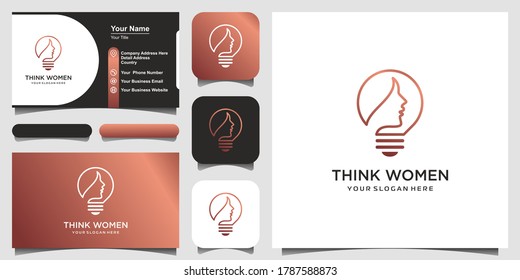 Female in bulb lamp with line art logo and business card design