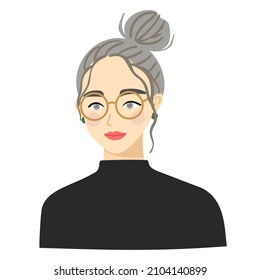 Female with bun hair and glasses. Vector illustration of a smiling expression.