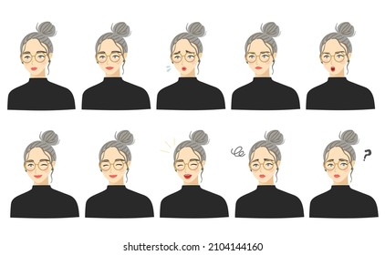 Female with bun hair and glasses. Vector illustration set with various facial expressions.