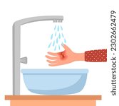 Female burned hand under cool running water in flat design on white background.