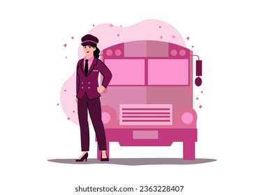 Female bus driver concept with people scene in the flat cartoon style. A woman is waiting for passengers to board her bus to take them to their destination. Vector illustration.