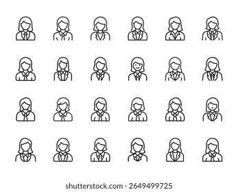 "Female Business Avatar Icons – Professional Woman Line Art Vector Illustrations for HR Profiles, Corporate Roles, Team Members, User Interface, and Business Identity Design"