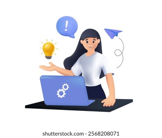 Female business character in office. Office concept business people vector illustration 3D style design. 3D vector illustration. Office worker showing near laptop. Isolated graphic vector illustration