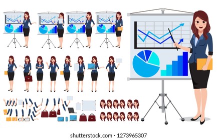 Female business character vector set. Office woman talking and showing business presentaion chart in white board with various pose and gesture. Vector illustration.
